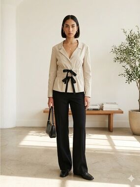 Prada Beige Cotton Peplum Ribbon Top / Blazer / Jacket - US 6 (IT 42)
